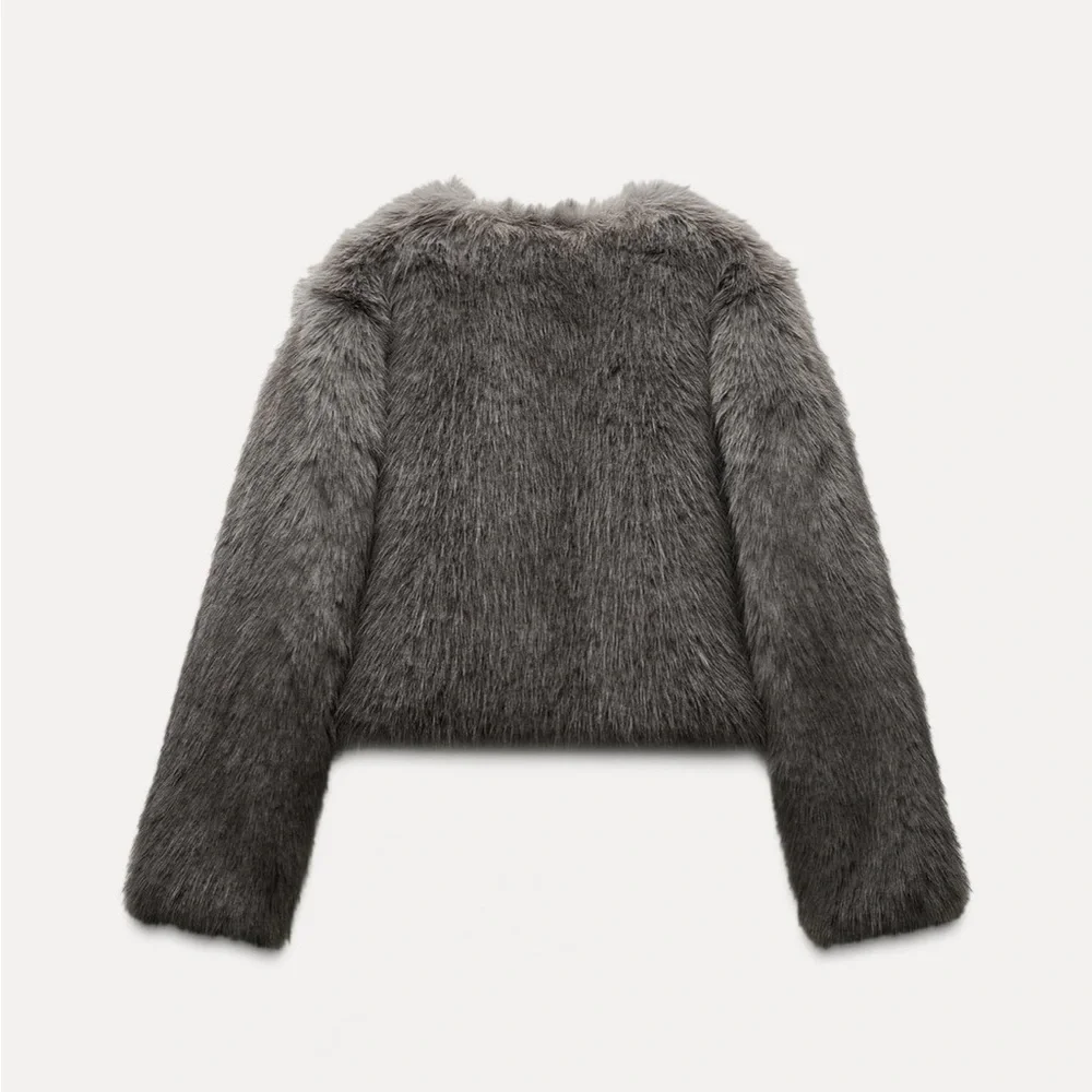 NEW - Zara Gray Short Fur Coat Size Small - Picture 5 of 8